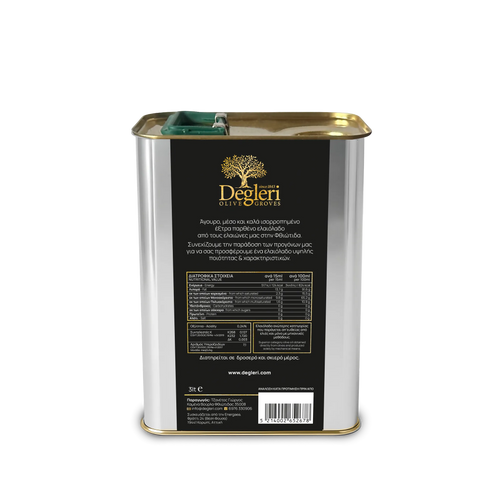 Back view of Degleri Premium Extra Virgin Olive Oil 3L Tin – nutritional information, Greek text, and product details on silver metal packaging.
