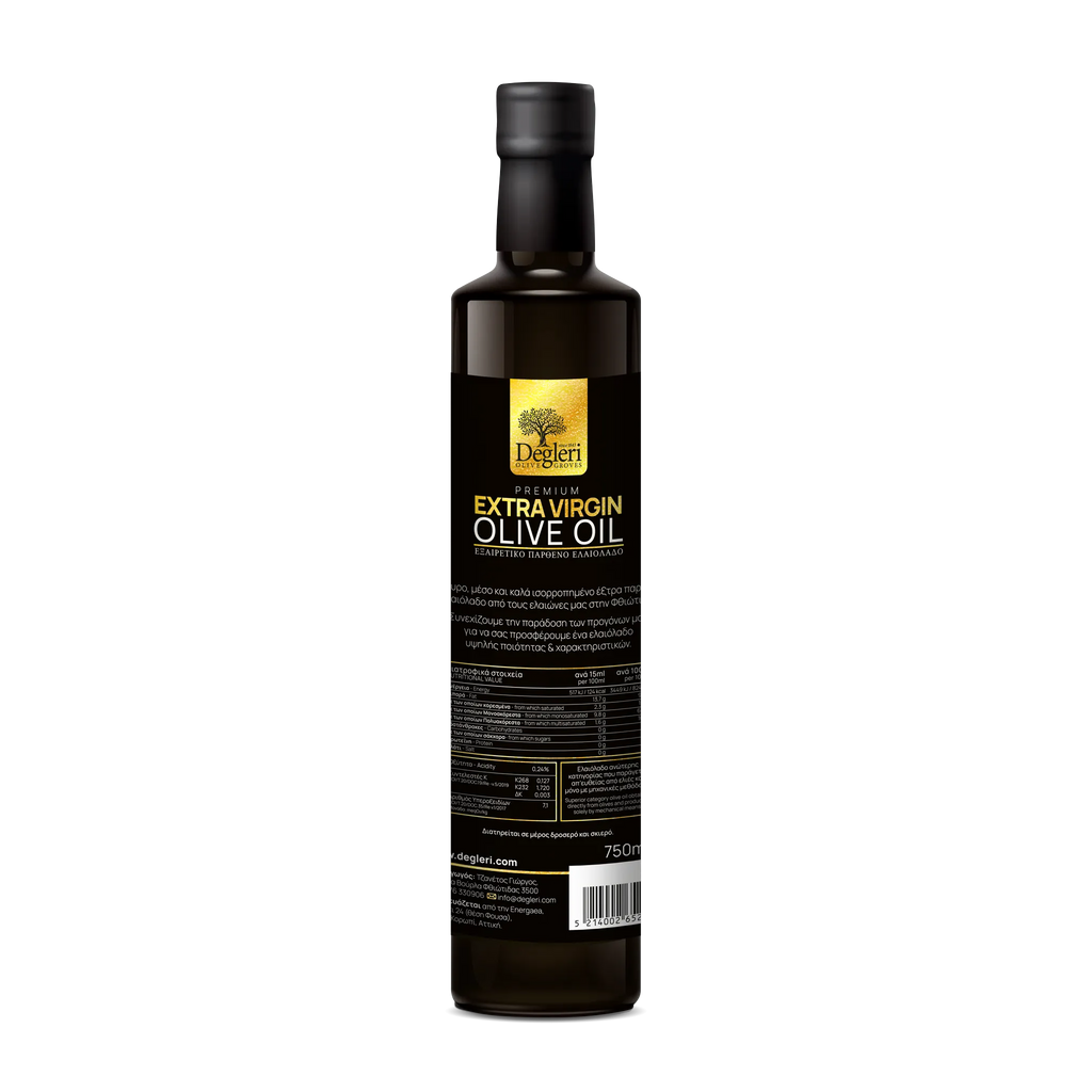 Degleri Premium Extra Virgin Olive Oil 750ml Glass Bottle – back view of Greek cold-pressed olive oil packaging, highlighting label design and product details