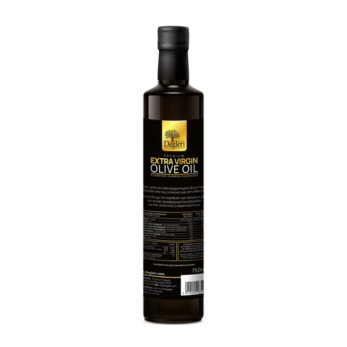 Degleri Premium Extra Virgin Olive Oil 750ml Glass Bottle – back view of Greek cold-pressed olive oil packaging, highlighting label design and product details