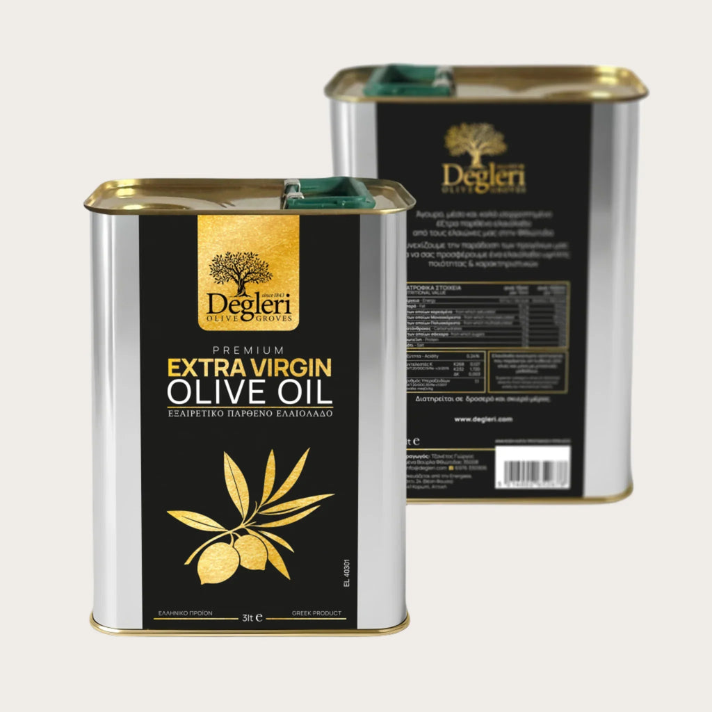 Degleri Premium Extra Virgin Olive Oil 3L Tin – front and back view of Greek cold-pressed olive oil packaging, highlighting label design and product details