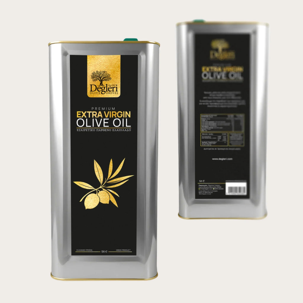 Degleri Premium Extra Virgin Olive Oil 5L Tin – front and back view of Greek cold-pressed olive oil packaging, highlighting label design and product details