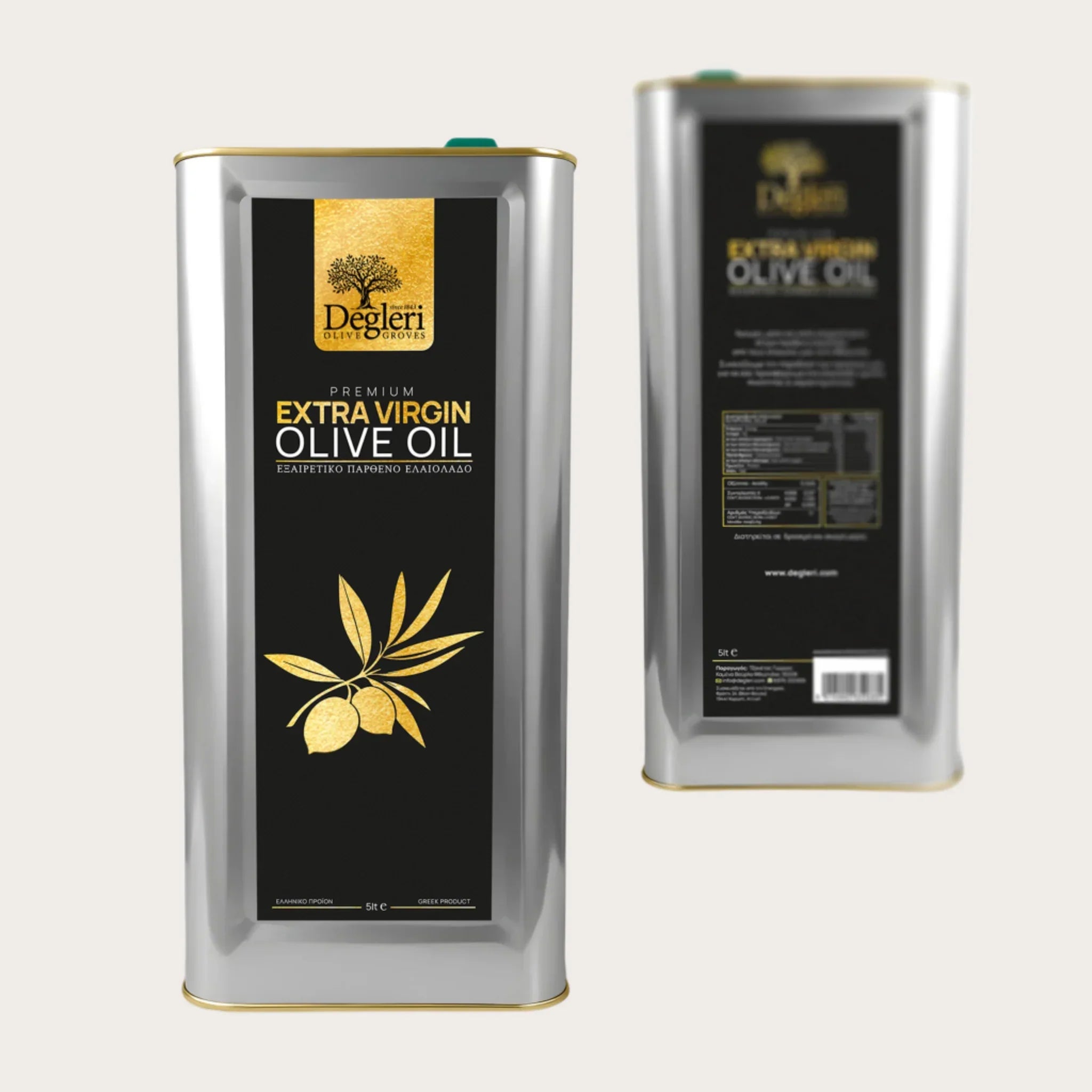 Degleri Premium Extra Virgin Olive Oil 5L Tin – front and back view of Greek cold-pressed olive oil packaging, highlighting label design and product details