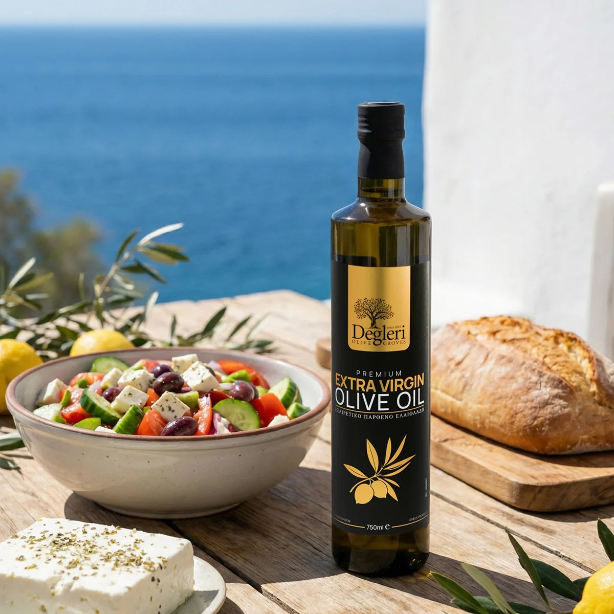 Degleri extra virgin olive oil bottle next to a classic Greek salad with feta cheese and rustic bread on a wooden table overlooking the Aegean Sea