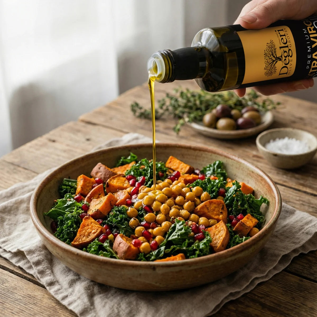 Drizzling Degleri extra virgin olive oil over a Mediterranean kale, chickpea and sweet potato salad in a rustic ceramic bowl