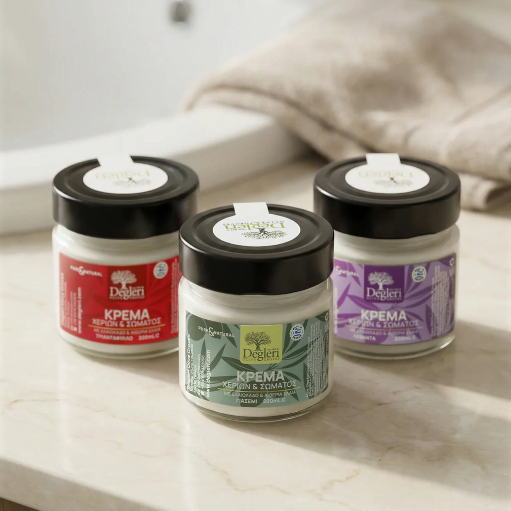Degleri hand and body cream full collection — rose, jasmine and lavender varieties displayed in a Mediterranean bathroom niche