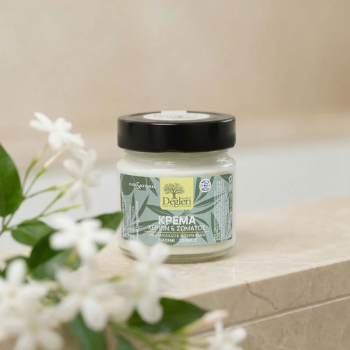 Degleri jasmine hand and body cream jar surrounded by fresh white jasmine flowers — pure natural Greek moisturiser