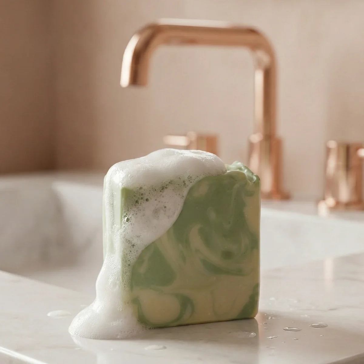 Degleri jasmine olive oil soap bar lathering on a white marble bathroom counter with a copper faucet — pure natural Greek soap