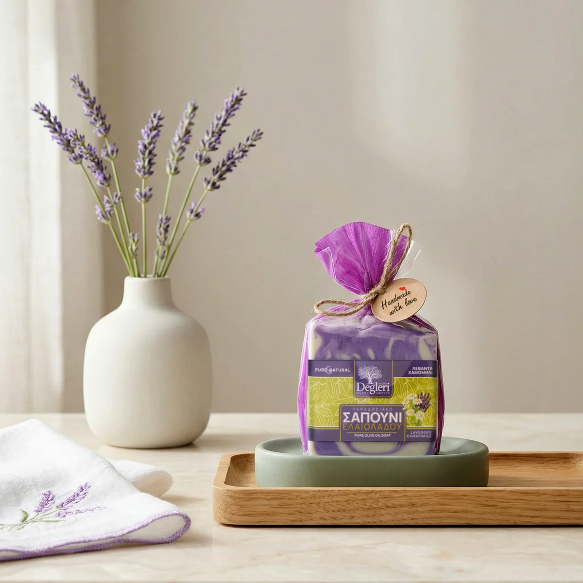 Degleri Lavender Chamomile Olive Oil Soap gift wrapped with purple organza, handmade in Greece