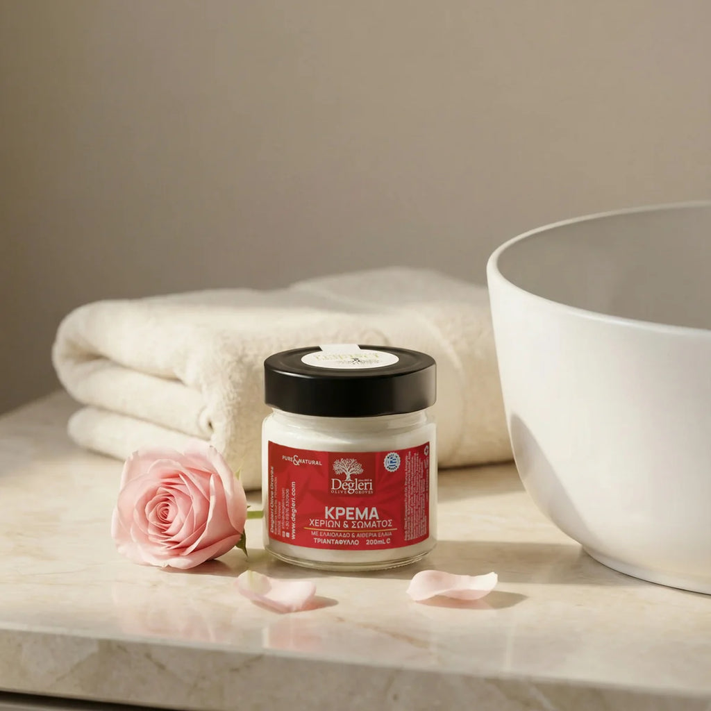 Degleri rose hand and body cream jar with natural ingredients, photographed with a fresh pink rose — Greek olive oil skincare