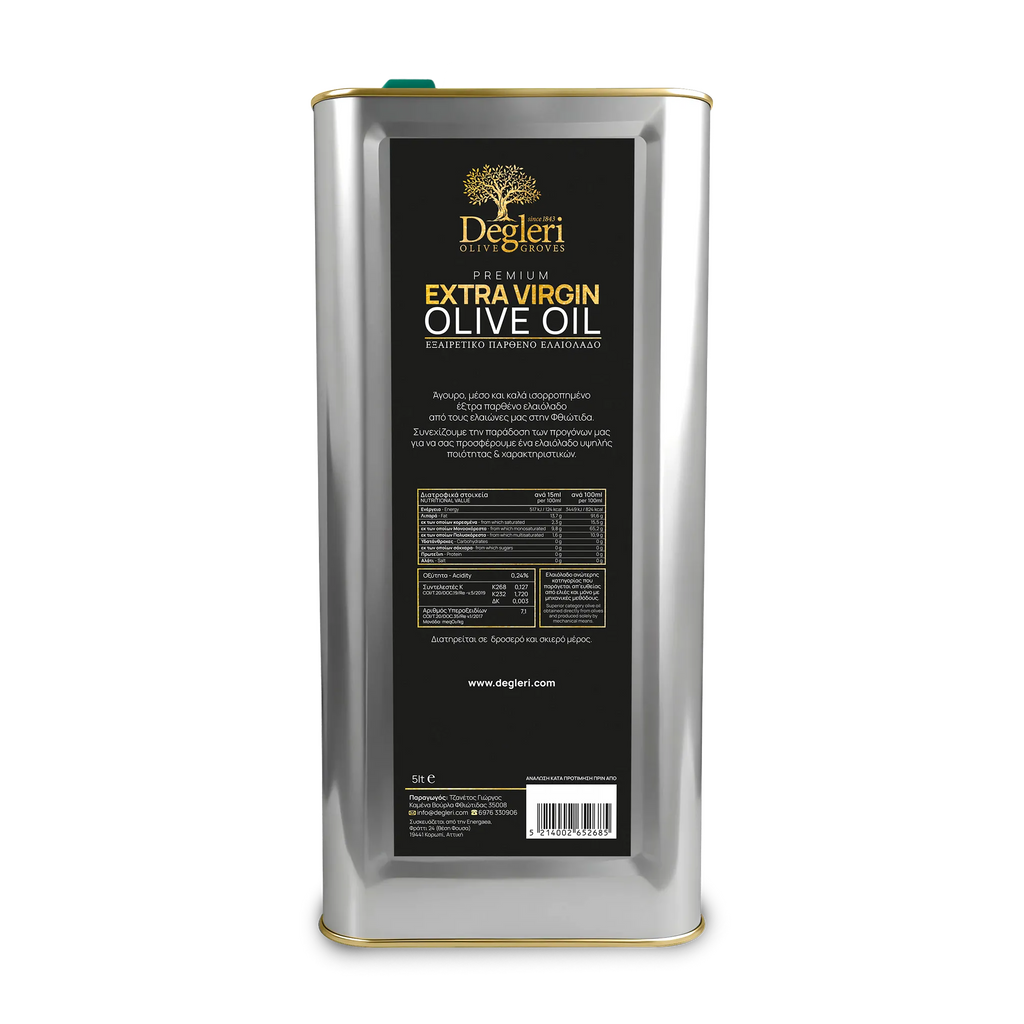 Back label of Degleri Premium Extra Virgin Olive Oil 5L Tin – nutritional information, Greek text, and product details on silver metal packaging.