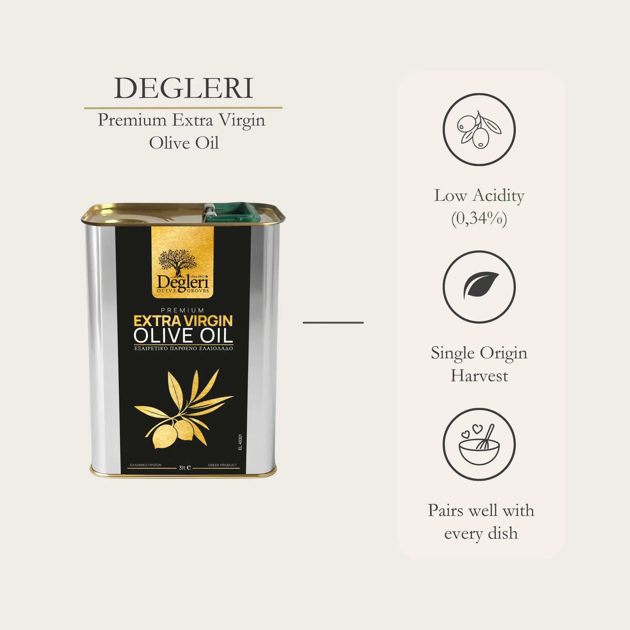 Degleri Premium Extra Virgin Olive Oil 3L Tin – product display with icons highlighting low acidity (0.34%), single origin harvest, and versatility for every dish