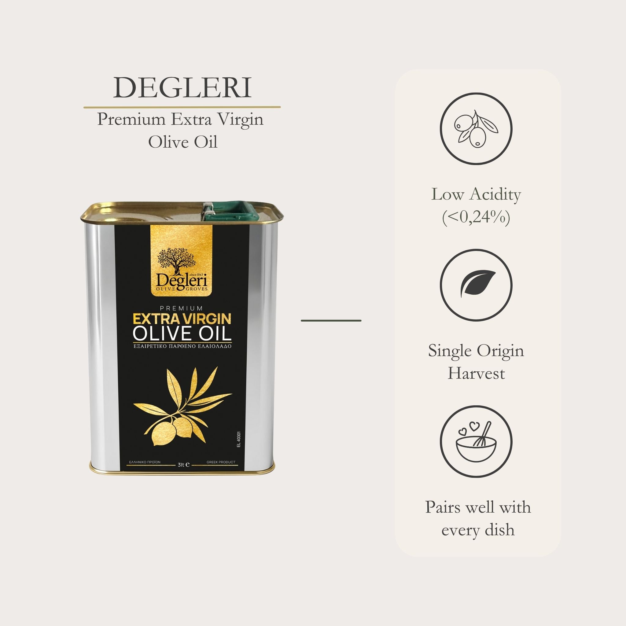 Degleri Premium Extra Virgin Olive Oil 3L Tin – product display with icons highlighting low acidity (0.24%), single origin harvest, and versatility for every dish