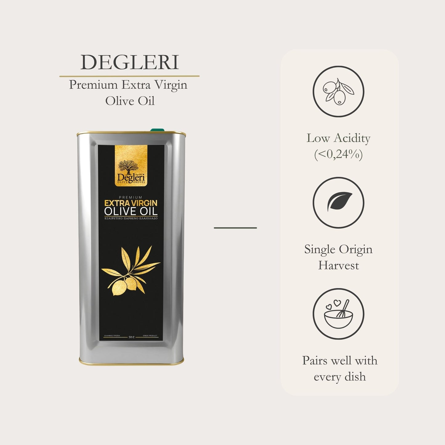 Degleri Premium Extra Virgin Olive Oil 5L Tin – product display with icons highlighting low acidity (<0.24%), single origin harvest, and versatility for every dish