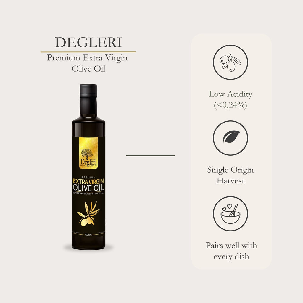 Degleri Premium Extra Virgin Olive Oil 750ml Glass Bottle – product display with icons highlighting low acidity (0.24%), single origin harvest, and versatility for every dish