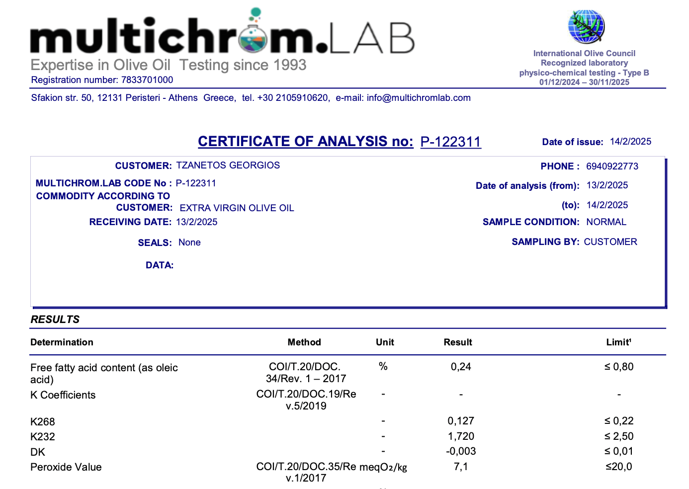 Certificate of Analysis for Degleri Premium Extra Virgin Olive Oil – issued by Multichrom Lab, showing results of 0.24% acidity, 7.1 peroxide value, and K268 = 0.127 confirming high quality and purity