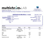 Certificate of Analysis for Degleri Premium Extra Virgin Olive Oil – issued by Multichrom Lab, showing results of 0.34% acidity, 3.3 peroxide value, and K268 = 0.128 confirming high quality and purity