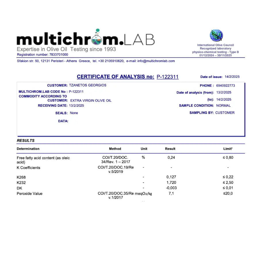 Certificate of Analysis for Degleri Premium Extra Virgin Olive Oil – issued by Multichrom Lab, showing results of 0.24% acidity, 7.1 peroxide value, and K268 = 0.127 confirming high quality and purity